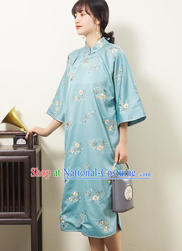 China Embroidered Light Blue Silk Qipao Dress Classical Cheongsam Traditional Women Clothing