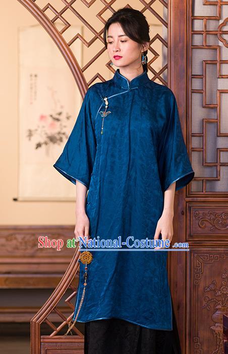 China Classical Cheongsam Traditional Women Clothing Deep Blue Silk Qipao Dress