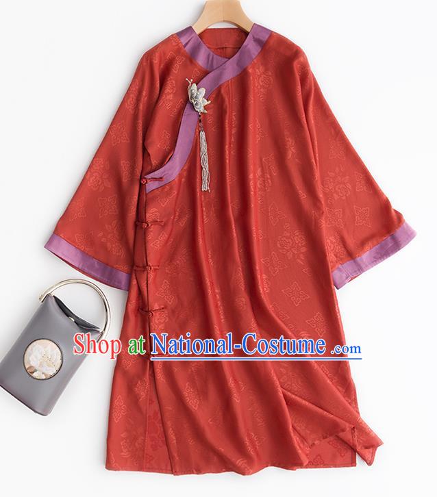 Chinese Traditional Orange Silk Long Shirt Classical Blouse Tang Suit Upper Outer Garment Costume