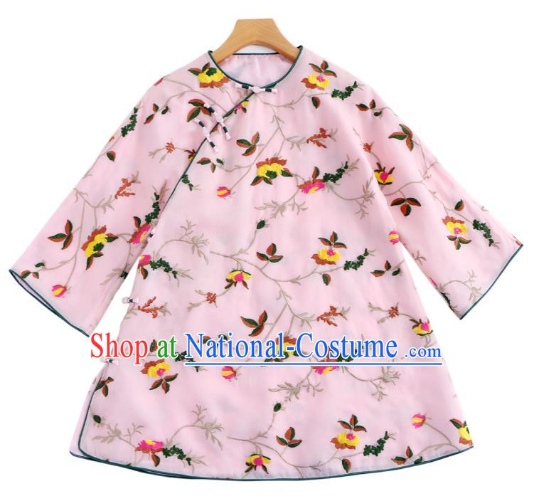 Traditional Chinese Tang Suit Upper Outer Garment Costume Classical Blouse Embroidered Pink Shirt