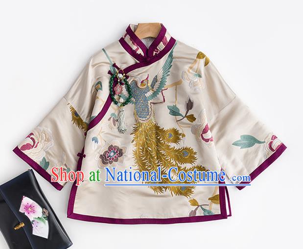 Traditional Costume Chinese Classical Blouse Tang Suit Upper Outer Garment Embroidered Phoenix White Silk Shirt