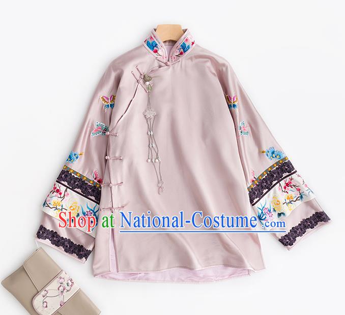 Chinese Classical Pink Silk Blouse Tang Suit Upper Outer Garment Embroidered Shirt Traditional Costume