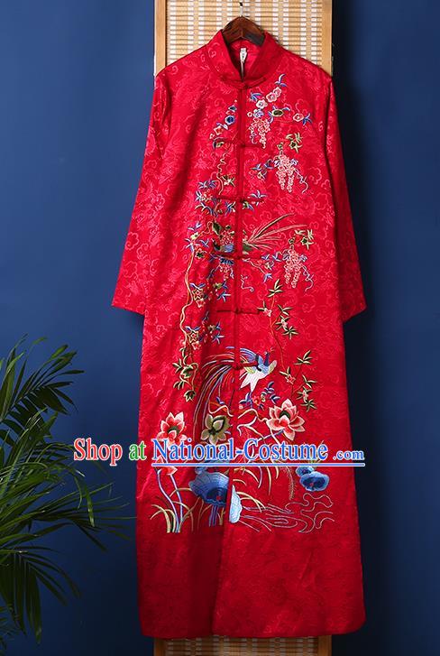 Chinese Embroidered Red Brocade Dust Coat Traditional National Costume Tang Suit Outer Garment