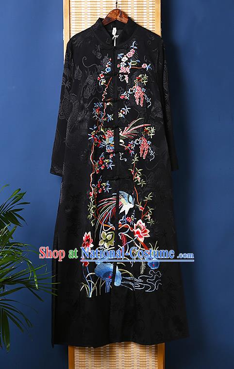 Chinese Traditional National Costume Tang Suit Outer Garment Embroidered Lotus Black Brocade Dust Coat