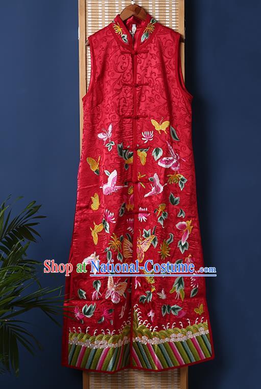 Chinese National Long Dress Traditional Costume Tang Suit Embroidered Butterfly Flowers Red Brocade Vest