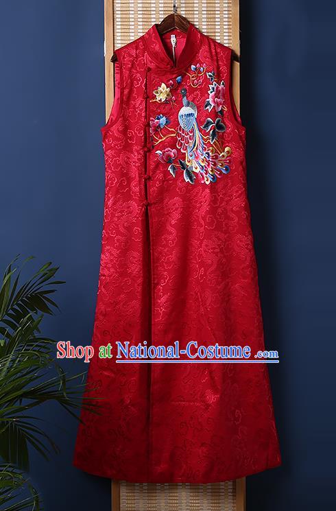 Chinese National Embroidered Phoenix Peony Long Dress Traditional Costume Tang Suit Red Brocade Cheongsam