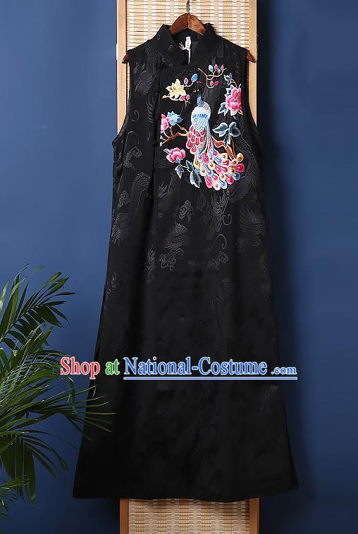 Chinese Tang Suit Black Brocade Cheongsam National Embroidered Phoenix Peony Long Dress Traditional Costume