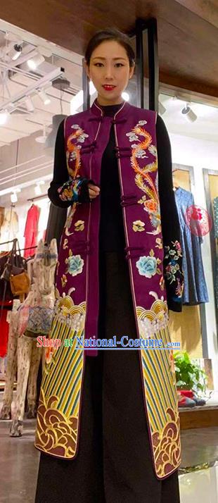 Chinese Embroidered Phoenix Peony Purple Brocade Long Vest National Tang Suit Cheongsam Upper Outer Garment