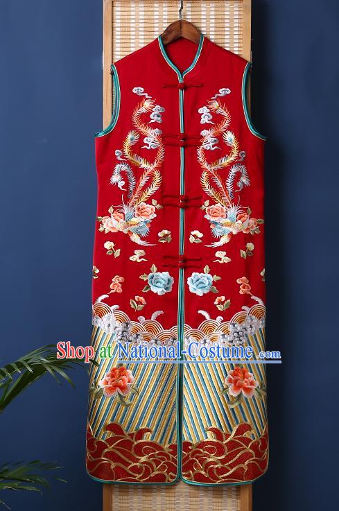 Chinese National Outer Garment Embroidered Phoenix Peony Red Brocade Long Vest Tang Suit Dust Coat