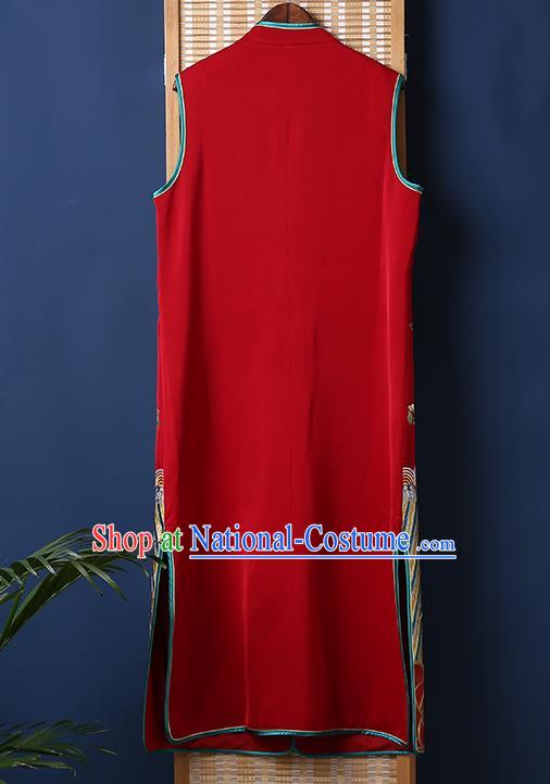 Chinese National Outer Garment Embroidered Phoenix Peony Red Brocade Long Vest Tang Suit Dust Coat