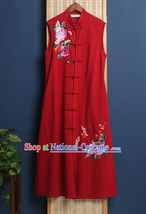 China Traditional Women Dress Classical Cheongsam Embroidered Red Vest Qipao Clothing