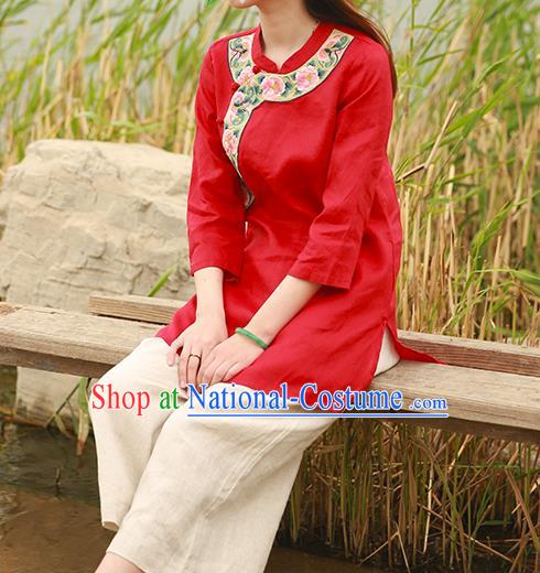 Chinese Tang Suit Embroidered Red Shirt National Upper Outer Garment Flax Costume