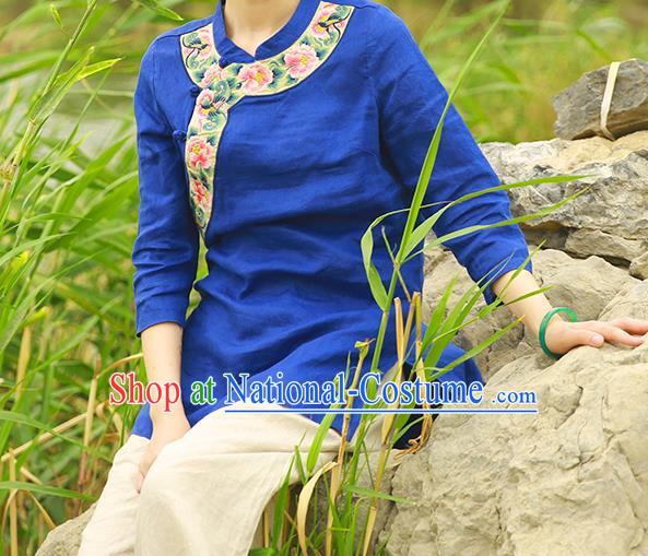 Chinese Tang Suit Blue Flax Blouse Costume Embroidered Shirt National Upper Outer Garment