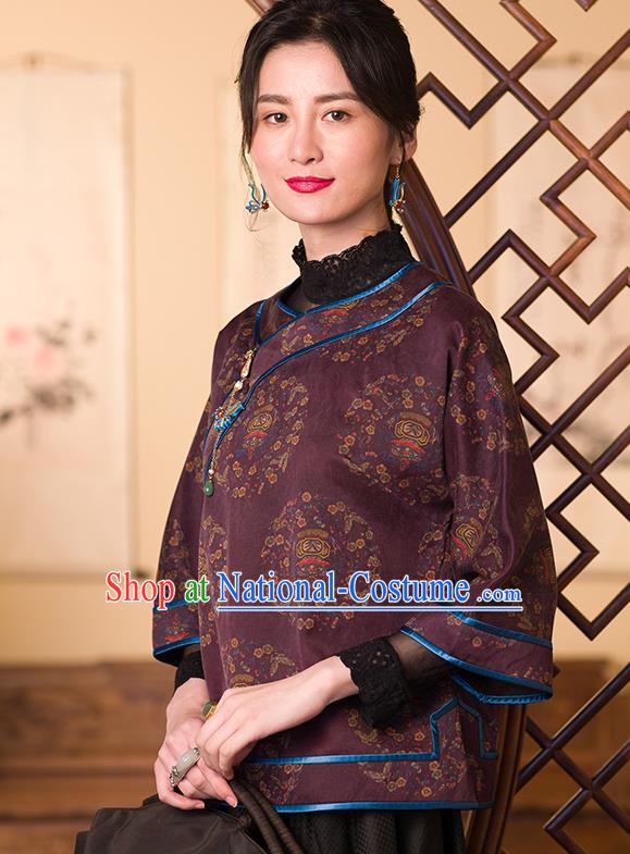 Chinese Tang Suit Upper Outer Garment Traditional Purple Silk Shirt Classical Blouse Costume