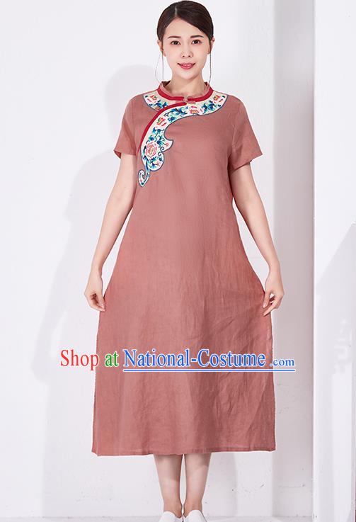 China Embroidered Qipao Clothing Traditional Women Dress Classical Rust Red Flax Cheongsam