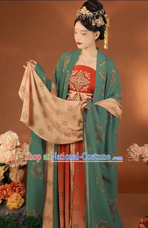 Traditional China Tang Dynasty Imperial Concubine Green Cape and Dress Ancient Court Women Hanfu Clothing