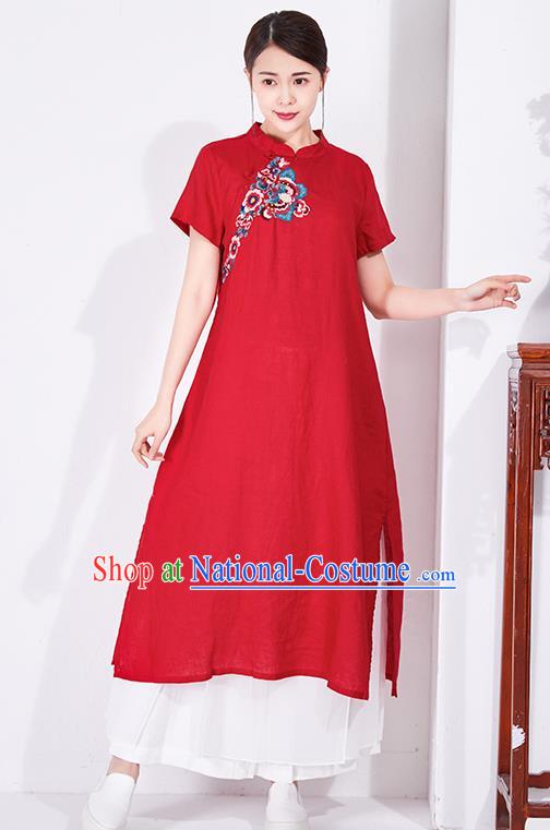 China National Qipao Clothing Traditional Women Dress Classical Embroidered Red Flax Cheongsam