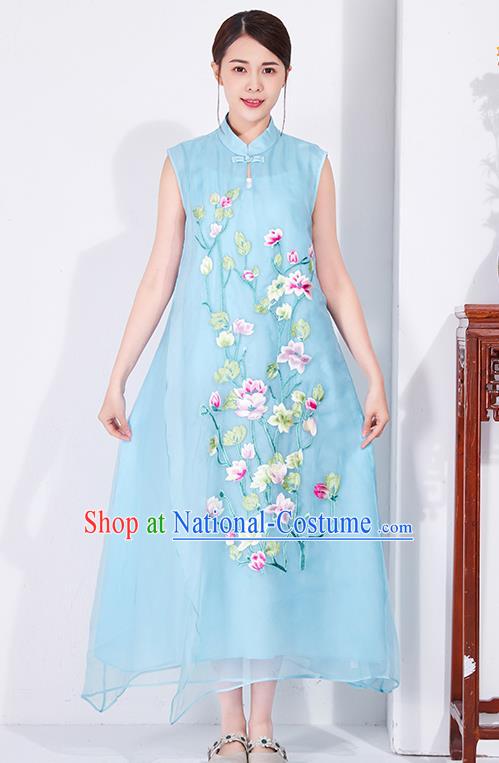 China Embroidered Blue Chiffon Cheongsam Traditional Women Classical Dress National Qipao Clothing