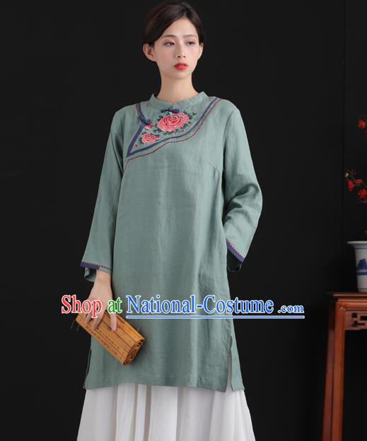 Chinese National Embroidered Green Flax Jacket Tang Suit Upper Outer Garment Women Blouse Costume