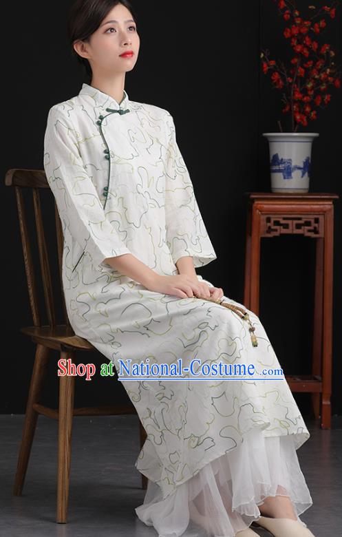 China Tang Suit National Qipao Traditional Women Classical Dress White Flax Cheongsam Tea Culture Clothing