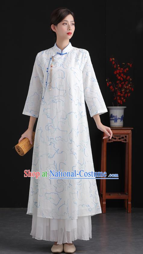 China National White Flax Cheongsam Traditional Women Classical Dress Tea Culture Clothing Tang Suit Embroidered Qipao