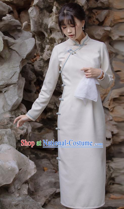 China Traditional Tang Suit Suede Fabric Qipao Clothing Women Classical Dress National Beige Cheongsam