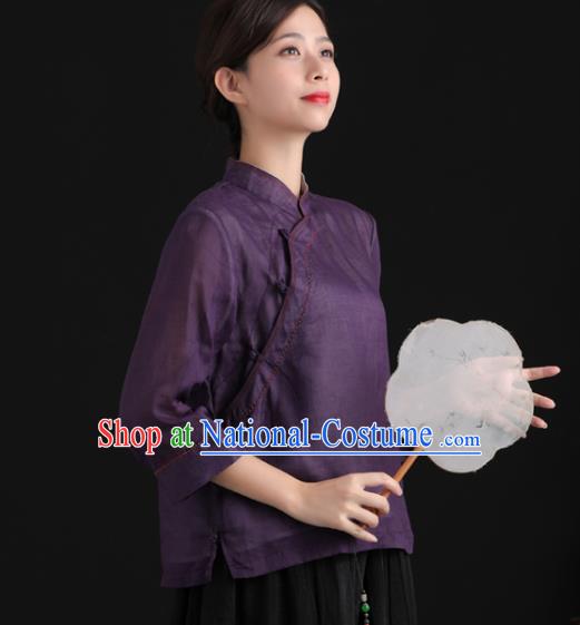 Chinese National Deep Purple Shirt Tang Suit Upper Outer Garment Women Costume Ramine Blouse