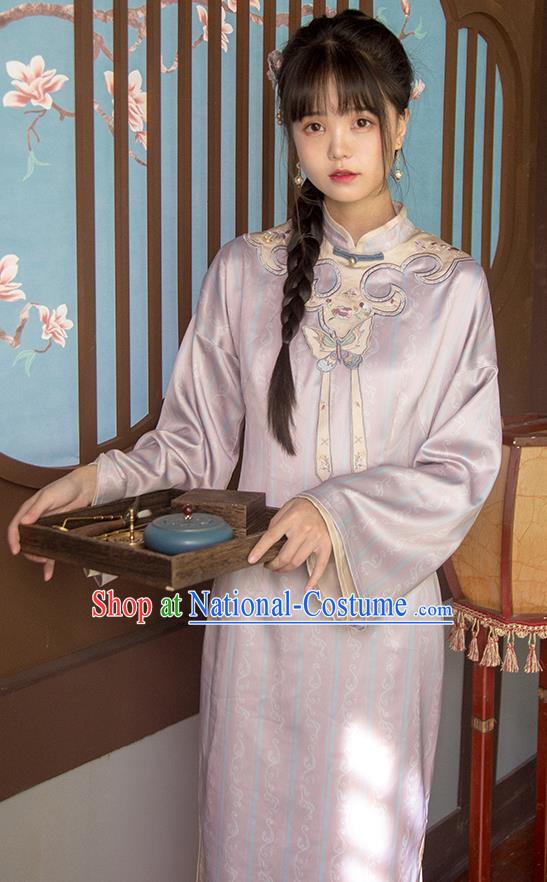 China Lilac Qipao Women Classical Dress Traditional Tang Suit National Wide Sleeve Cheongsam Clothing