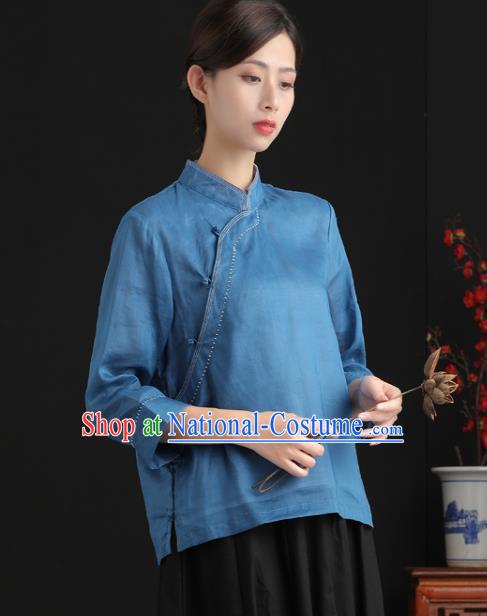 Chinese Tang Suit Upper Outer Garment Women Costume Ramine Blouse National Blue Shirt