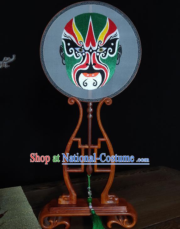 China Handmade Beijing Opera Silk Fan Embroidered Round Fan Suzhou Embroidery Green Facial Makeup Fans