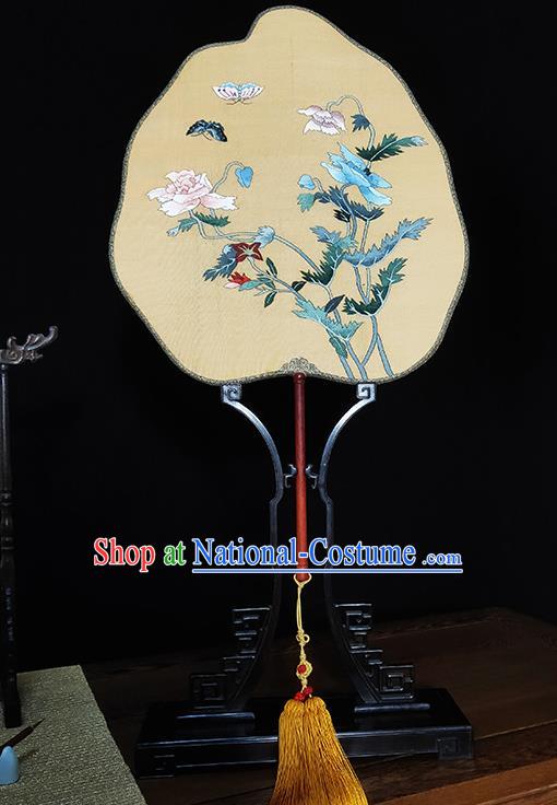 China Handmade Palace Fan Traditional Bamboo Fans Printing Peony Butterfly Silk Fan