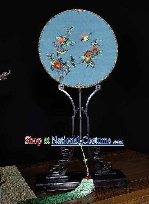 China Blue Silk Fan Traditional Bamboo Fans Handmade Printing Pomegranate Bird Palace Fan