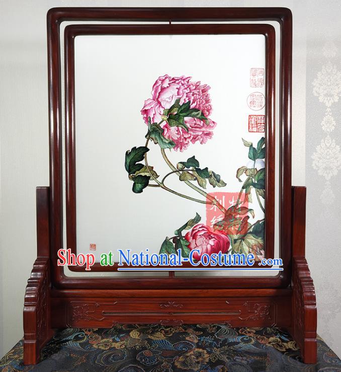 Chinese Suzhou Embroidery Peony Flowers Painting Rotating Screen Traditional Embroidered Craft Handmade Table Decoration