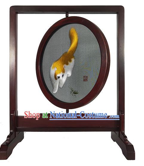 Chinese Handmade Table Decoration Traditional Embroidered Craft Suzhou Embroidery Yellow Cat Rotating Screen