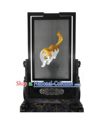 Chinese Handmade Rosewood Table Decoration Suzhou Embroidery Cat Rotating Screen Traditional Embroidered Screen Craft