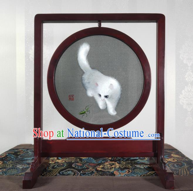 Chinese Handmade Double Side Suzhou Embroidery Cat Rotating Screen Traditional Embroidered Screen Craft Rosewood Table Decoration