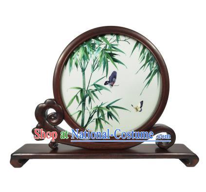 Chinese Table Decoration Suzhou Embroidery Bamboo Screen Double Side Embroidered Screen Traditional Rosewood Craft