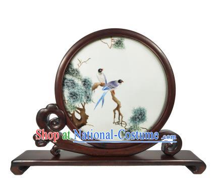 Chinese Embroidery Pine Birds Screen Suzhou Double Side Embroidered Screen Traditional Rosewood Craft Table Decoration