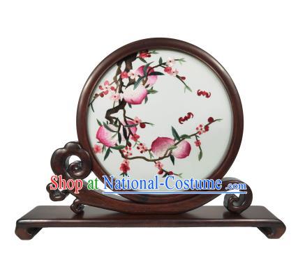 Chinese Traditional Rosewood Decoration Craft Suzhou Embroidery Peach Painting Table Screen Double Side Embroidered Screen