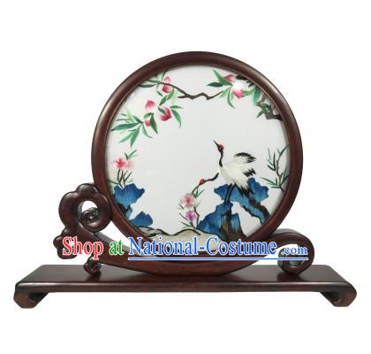 Chinese Rosewood Decoration Double Side Embroidered Screen Suzhou Embroidery Peach Crane Painting Table Screen Traditional Craft