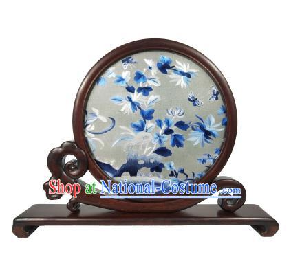 Chinese Suzhou Embroidery Chrysanthemum Painting Table Screen Rosewood Decoration