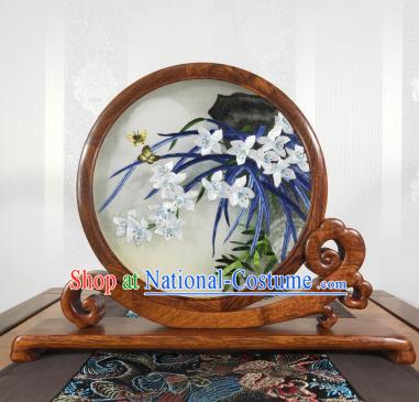 Chinese Handmade Palisander Table Screen Suzhou Embroidery Craft Embroidered Orchids Painting Decoration