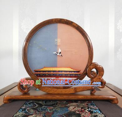 Chinese Embroidered Palace Museum Painting Decoration Handmade Palisander Table Screen Suzhou Embroidery Craft