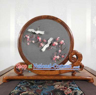 Handmade Suzhou Embroidery Craft Chinese Embroidered Plum Cranes Painting Decoration Palisander Table Screen