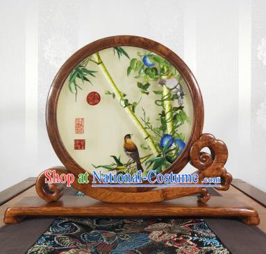 Top Grade Suzhou Embroidery Craft Handmade Palisander Table Screen Chinese Embroidered Bamboo Painting Decoration