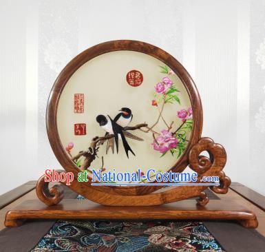 Handmade Flower Bird Painting Table Screen Chinese Embroidered Palisander Decoration Top Grade Suzhou Embroidery Craft