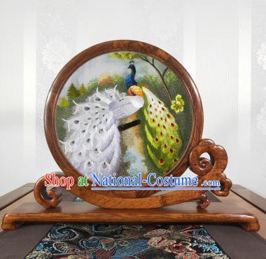 Handmade Palisander Table Screen Top Grade Suzhou Embroidery Craft Chinese Embroidered Peacock Desk Decoration