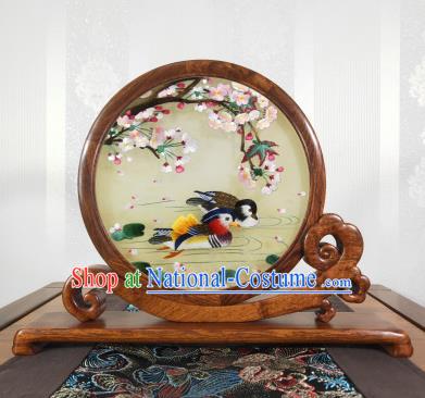 China Palisander Table Screen Handmade Suzhou Embroidery Craft Chinese Embroidered Mandarin Duck Decoration