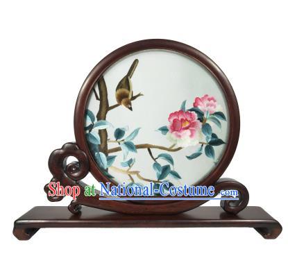 Chinese Traditional Embroidered Peony Bird Screen Craft Rosewood Table Decoration Handmade Double Side Suzhou Embroidery Screen