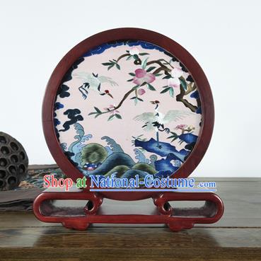 Handmade Embroidered Wave Crane Painting Table Screen China Traditional Craft Rosewood Home Decoration